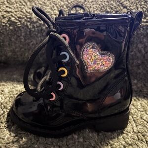 Black Patent Leather Boots with Heart Detail